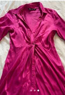 Zara Fuchsia Pink Satin Effect Knotted Mini Shirt Dress
